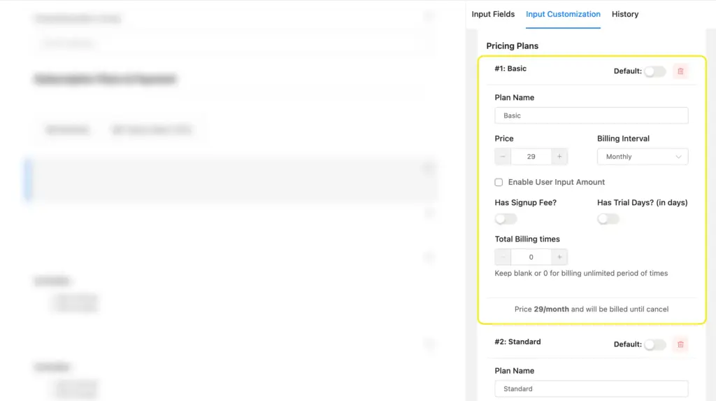 Fluent Forms subscription payment field configuration
