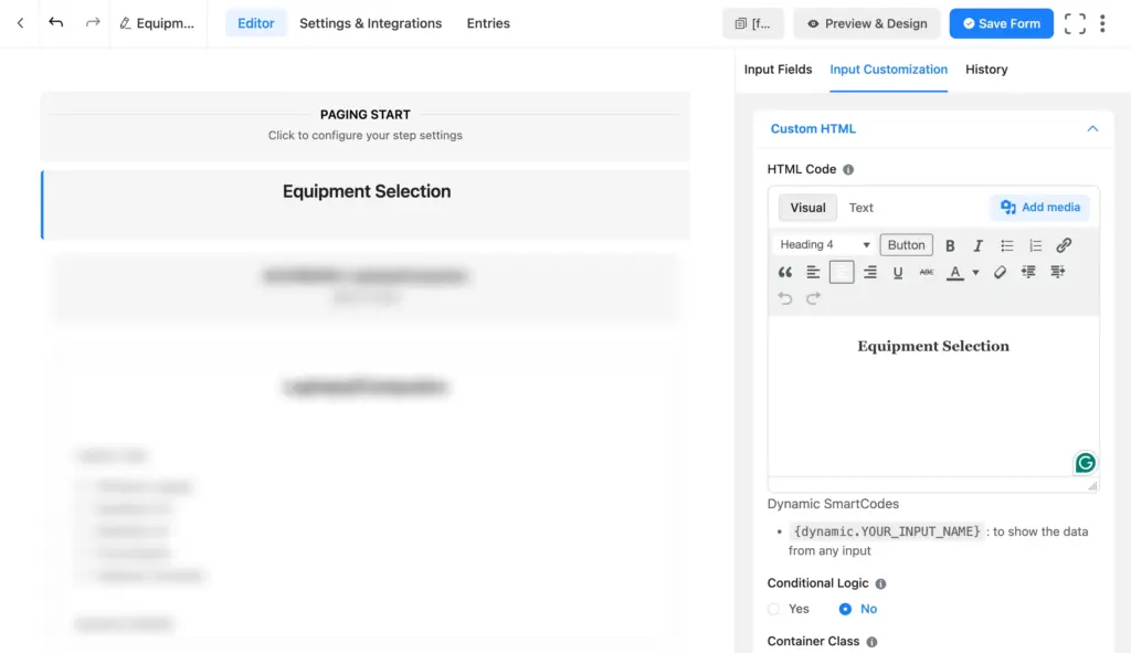 Fluent Forms visually editable HTML field