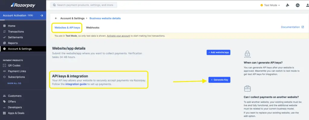 Razorpay Accounts & Settings - Website & API Keys tab.
