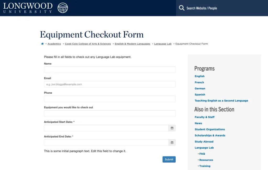 Longwood University equipment checkout form