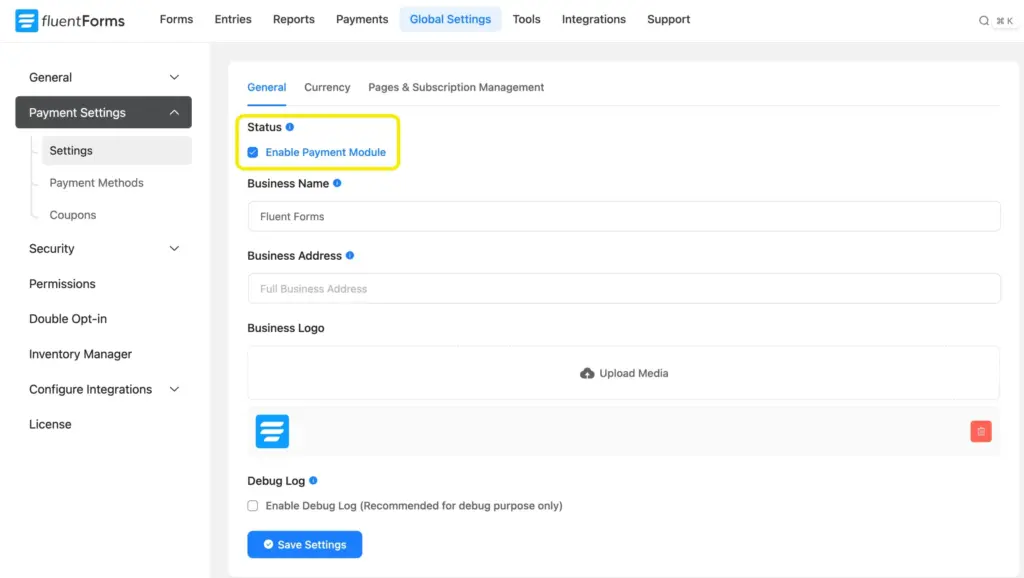 Payment settings - Enable Payment Module - Fluent Forms