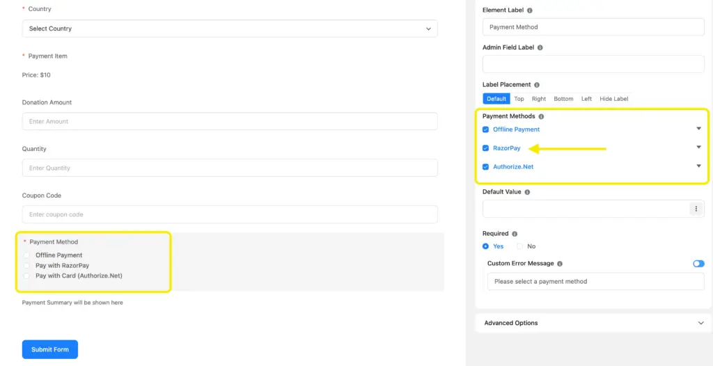 Payment Methods in Payment Forms - Authorize.net, Razorpay