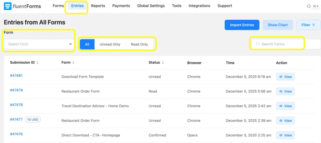 You can check the entries by clicking on the Entries button on Fluent Forms.