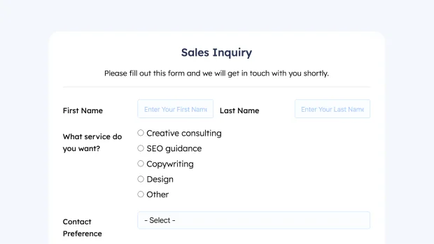Sales Inquiry Form for agencies