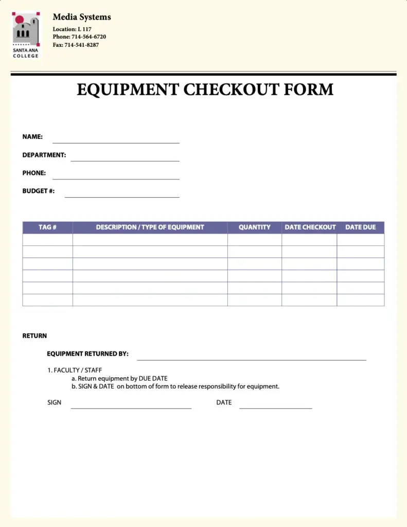 Santa Ana College equipment checkout form