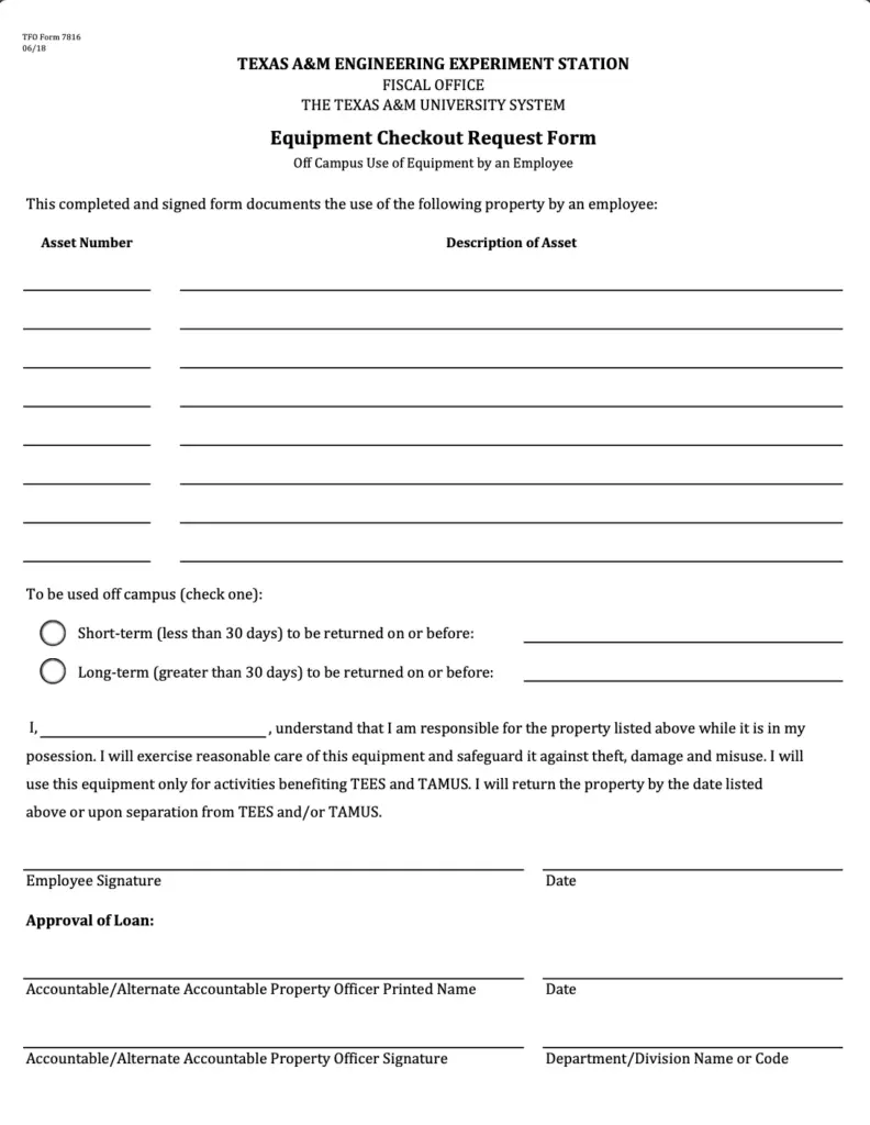 Texas A&M Engineering Experiment Station equipment checkout request form