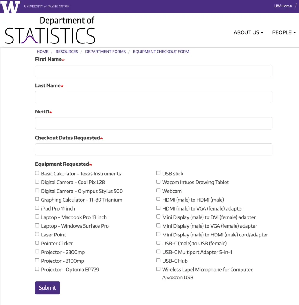 University of Washington equipment checkout form