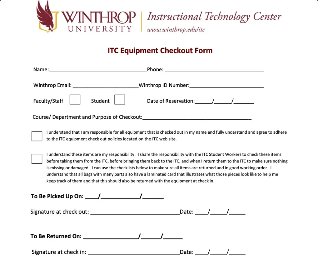 Winthrop University ITC equipment checkout form