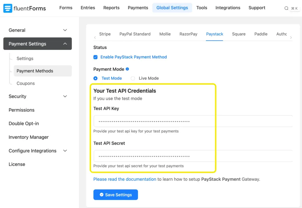 Integrate Paystack with Fluent Forms, paste Test API Credentials