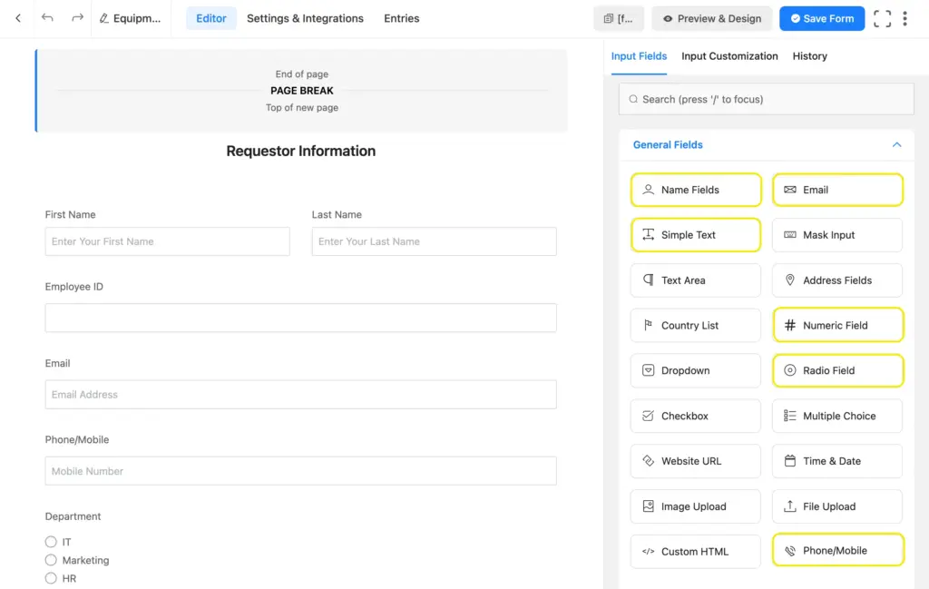 collecting requester information for Equipment Checkout Form using Fluent Forms