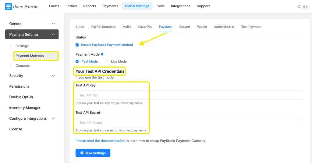 Payment Methods - Enable PayStack payment method - Your Test API Credentials - Fluent Forms