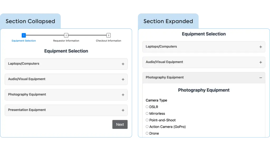 equipment selection section of Equipment Checkout Form using Fluent Forms