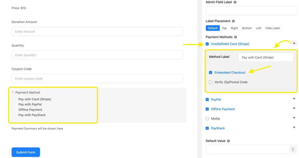 Fluent Forms - Stripe payment method - Embedded checkout