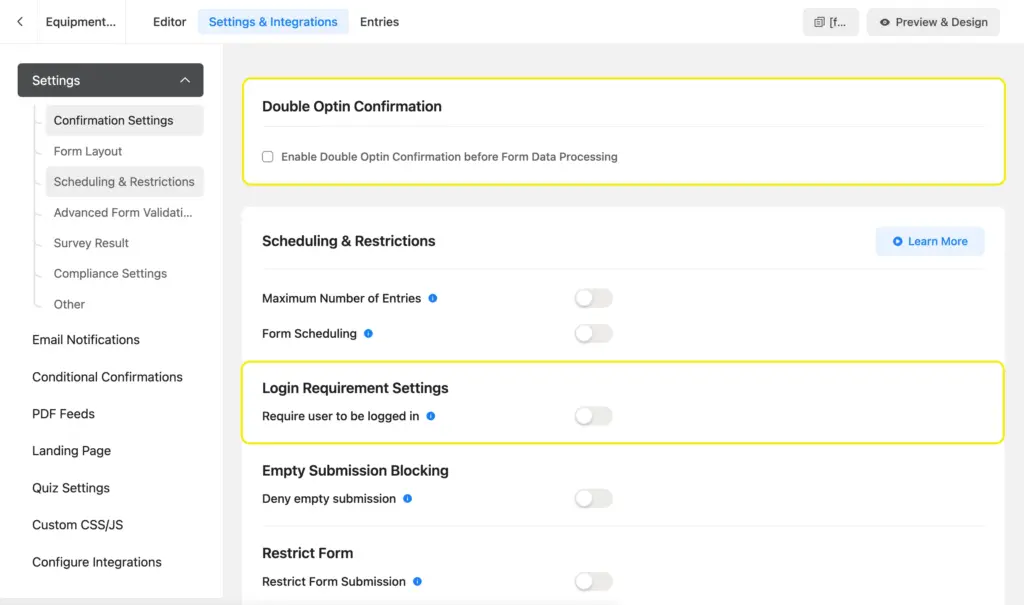 necessary settings for an  Equipment Checkout Form using Fluent Form