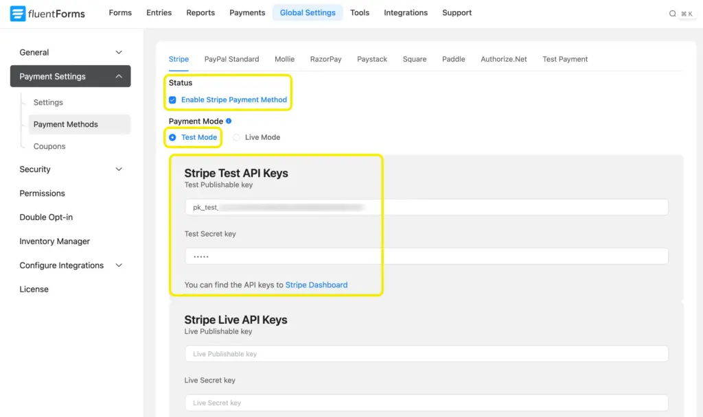 Stripe API keys pasted in - Payment method setup in Fluent Forms