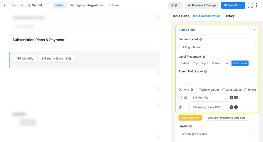 use radio fields for dynamic switching between Monthly and Yearly billing
