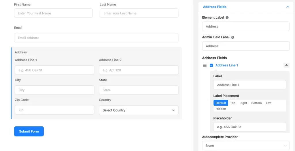 Configure address line 1 label, placeholder and label placement.
