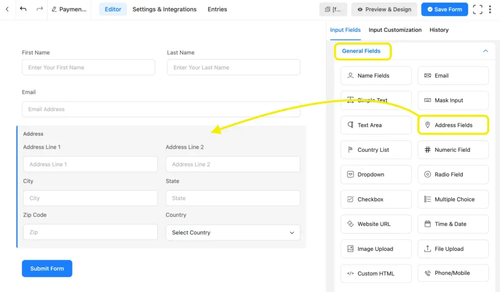 Drag-and-drop address fields for free in Fluent Forms, including both address lines, City, State, Zip Code, Country.