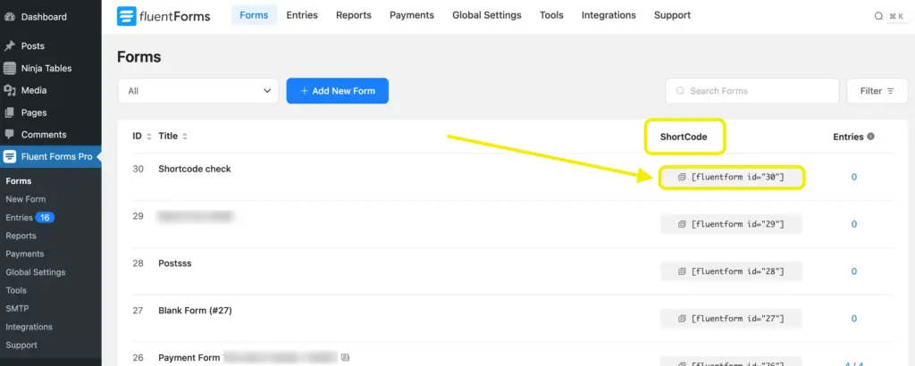 Shortcode column in Fluent Forms 
