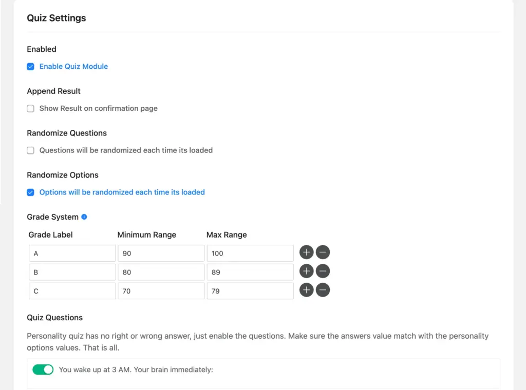 Customize personality quiz settings in Fluent Forms