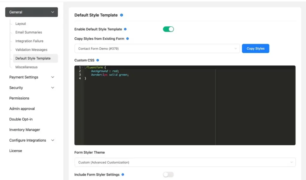 New Default Style Template Setting in Fluent Forms Free version