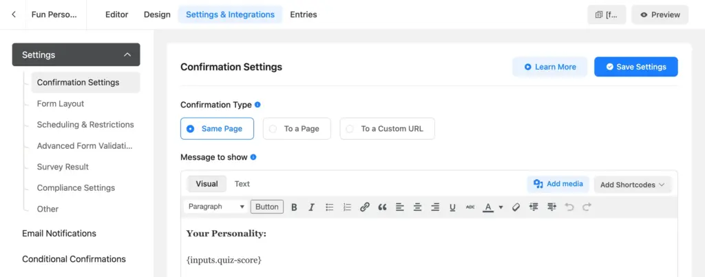 Displaying personality quiz result on confirmation page