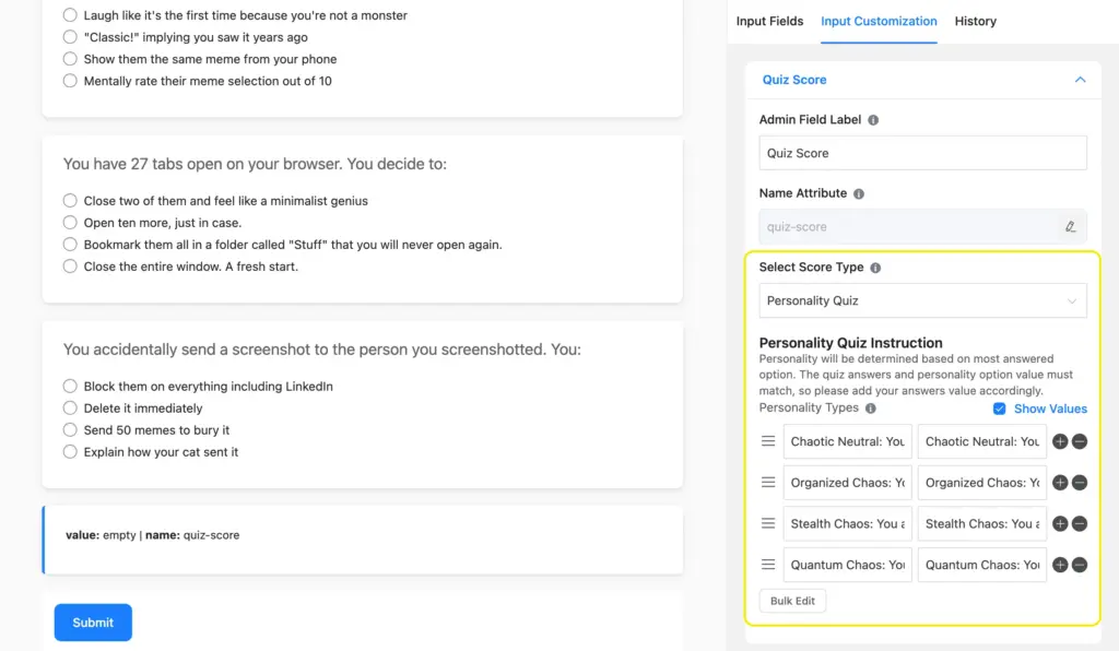 Fieldmapping personality types with quiz options