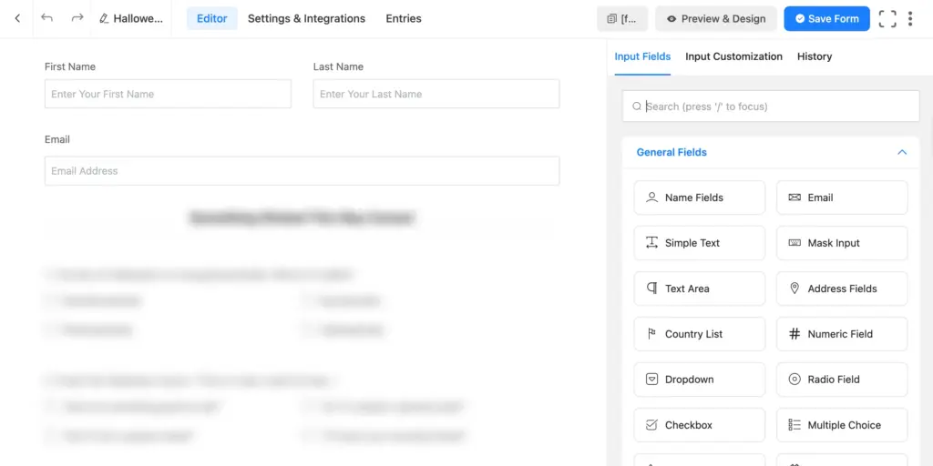 Fluent Forms general fields for contact information