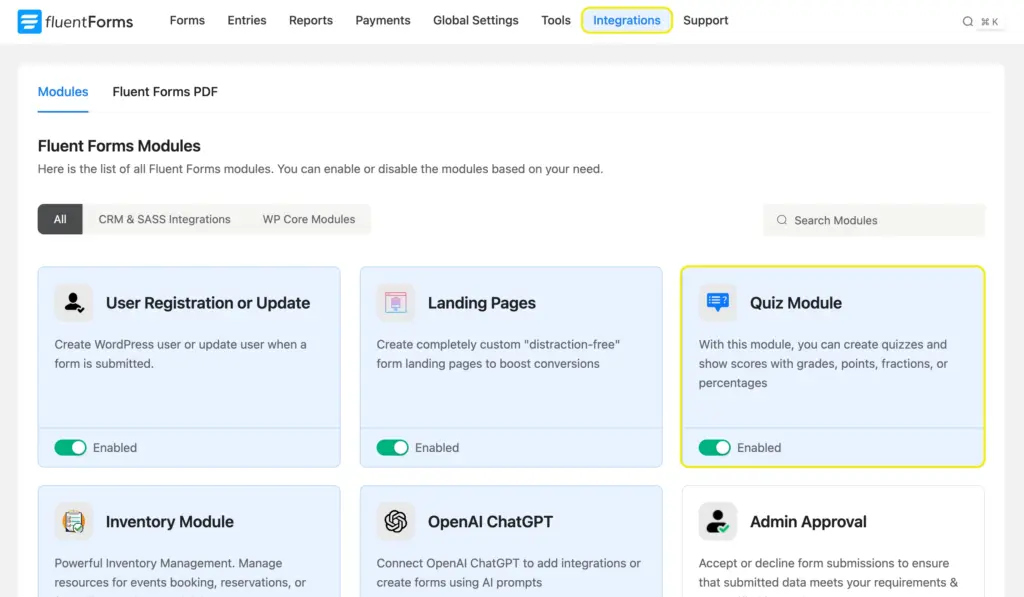 Fluent Forms quiz module global