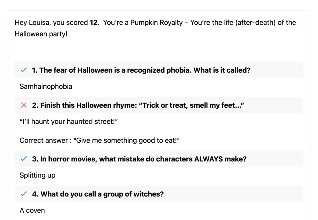 Fluent Forms quiz result