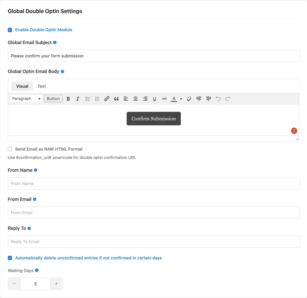 Global double opt-in settings in Fluent Forms