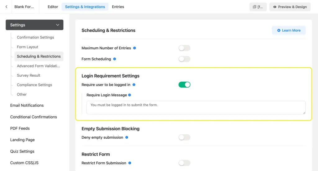 Login requirement settings in Fluent Forms