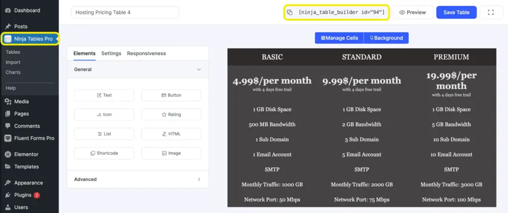Ninja Tables, shortcode 