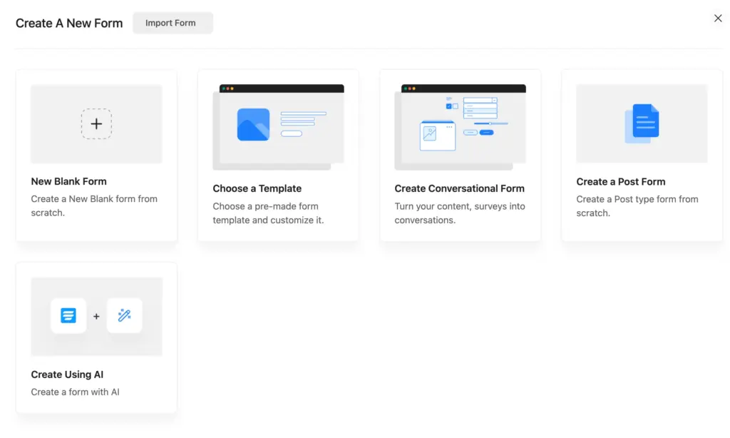 Create a new RSVP form in Fluent Forms using a new blank form, template, conversational form, or using AI form.