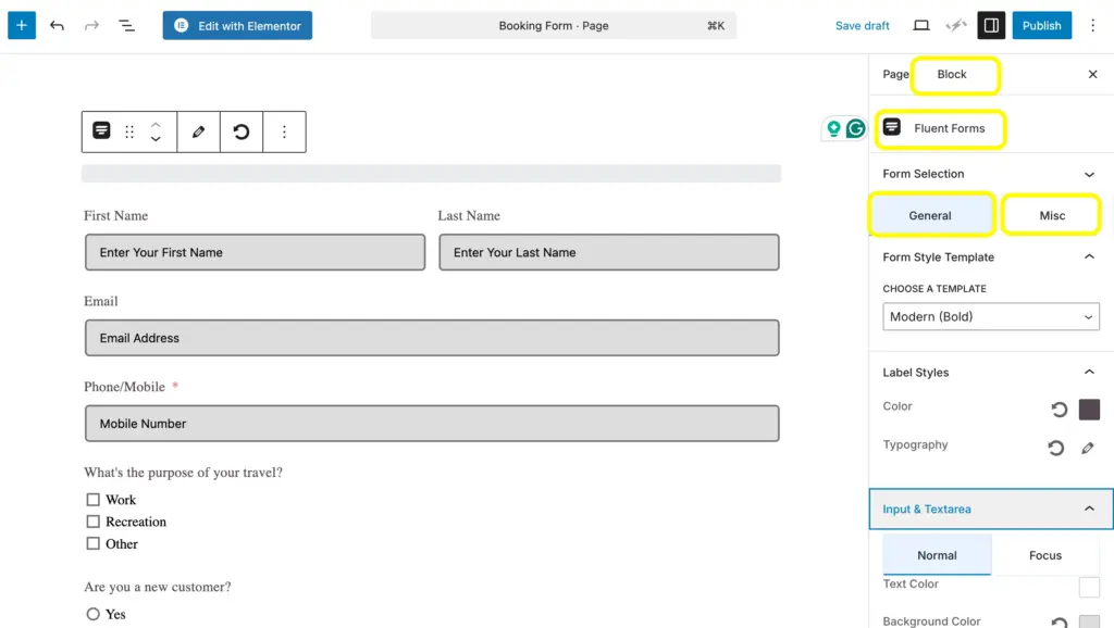 In Fluent Forms, you can use advanced form styler, along with teh Gutenberg Block edit options. Here you can change the border, padding, font, color, etc.