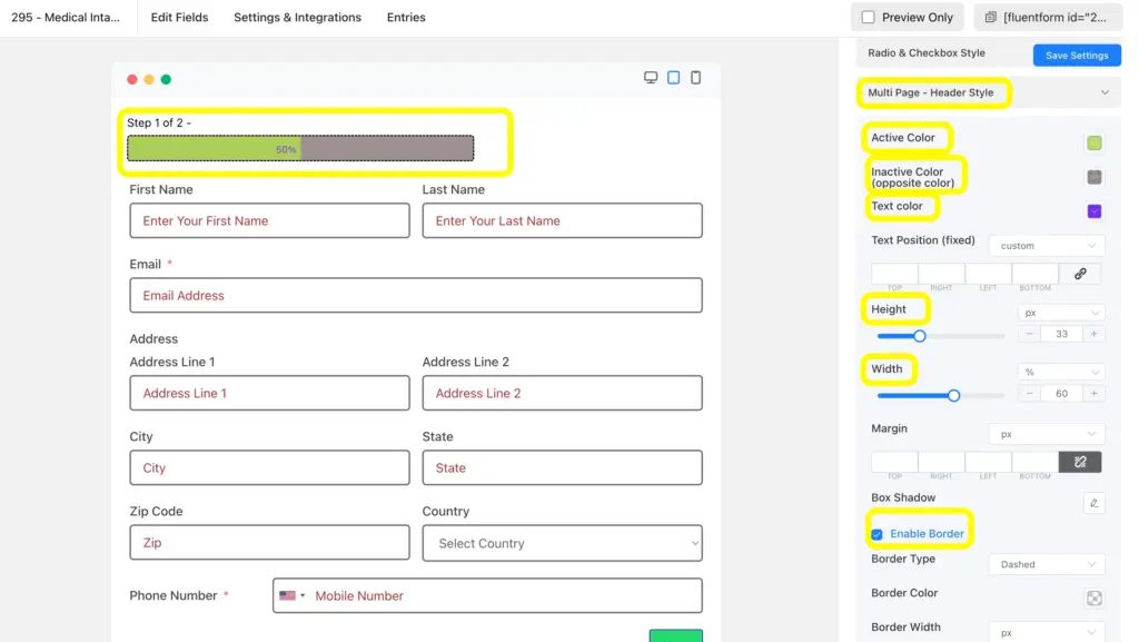 In the advanced form styler of Fluent Forms, you can customize the border, padding, text color, etc., in the preview page of your form.