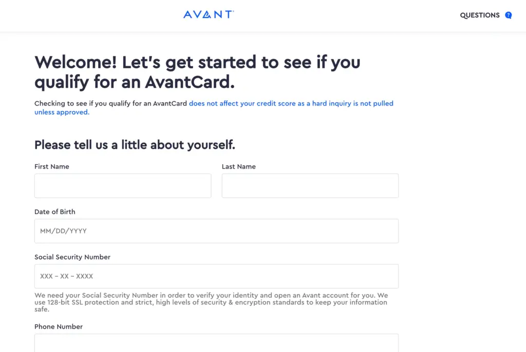 Credit card application form example: AVANT.