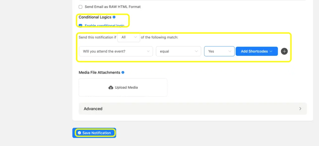 In Fluent Forms, you can set conditional logics in the email notifications.