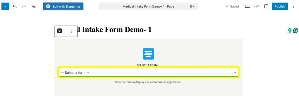 Choose the form from the Fluent Forms block on your WordPress site's page or post.