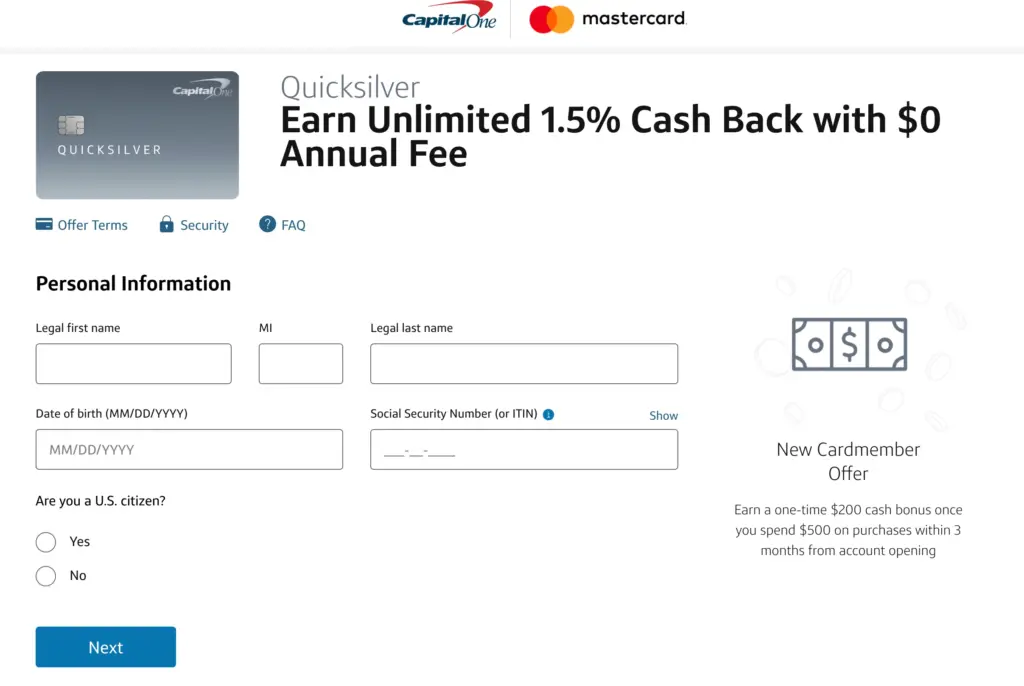 Credit card request form example: Capitalone.