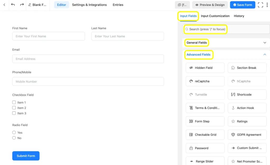 Easily add the required fields to create a booking or reservation form on WordPress, using Fluent Forms. In the Editor page, you can simply drag and drop the fields, or search using the search bar, and you can also click on the input field names.