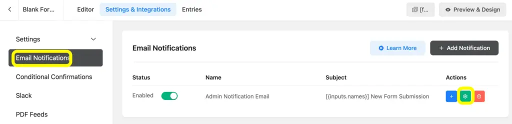 Set up email notifications from the Settings and Integrations of Fluent Forms.