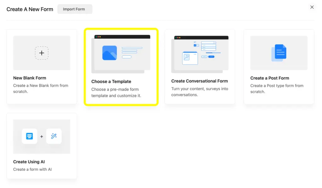Create a new form on Fluent Forms and get various options such as new blank form, choose a template, create conversational forms, create a post form, and create using AI.