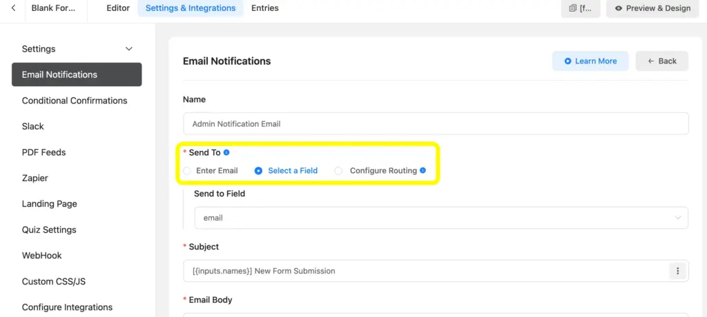 In Fluent Forms notification settings, you can set whom you want to send the confirmation email while applying conditions.