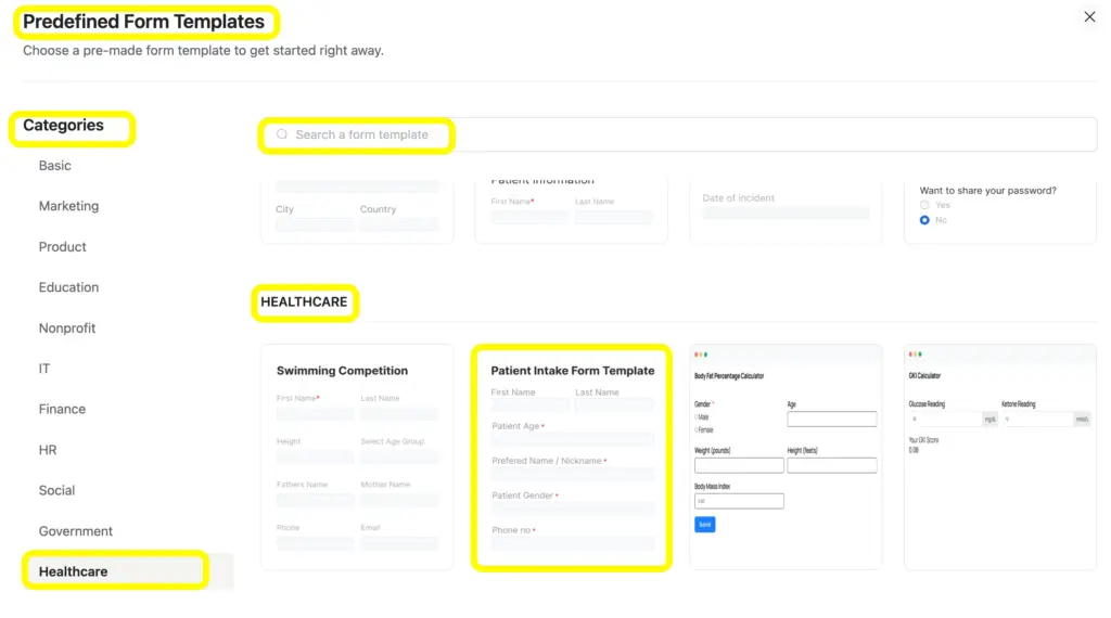 Use predefined form templates from Fluent Forms.