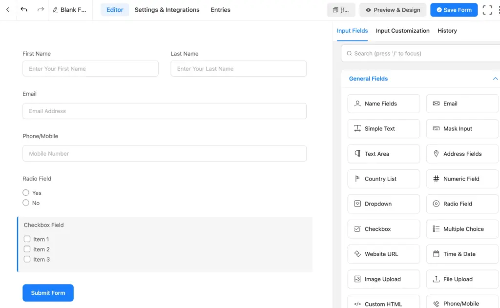 60+ input fields available in Fluent Forms including general, advanced, multi-column and payment fields.