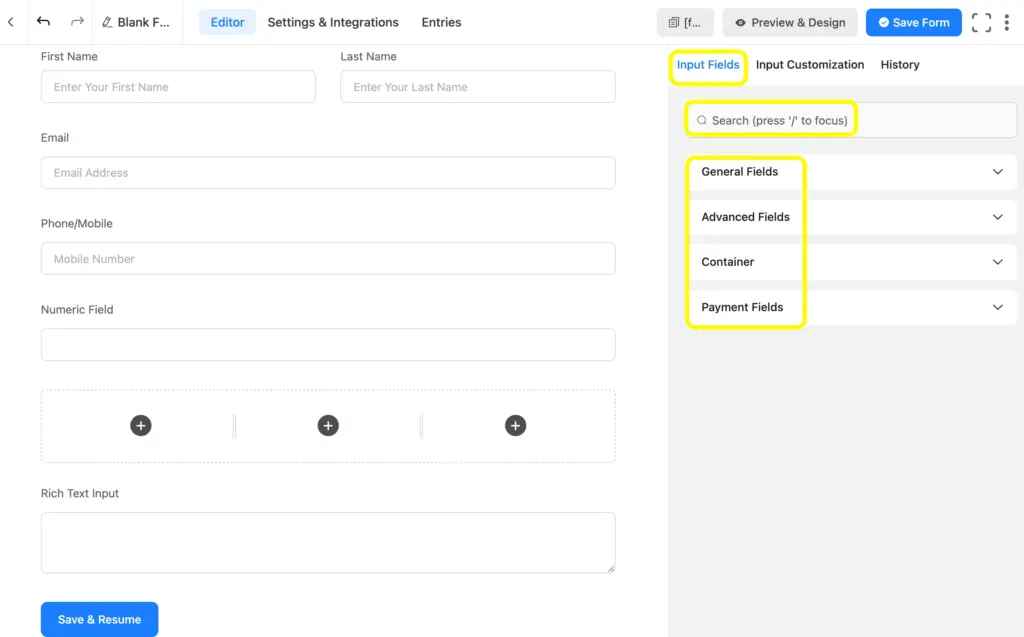 Fluent Forms comes with 60+ input fields: General Fields, Advanced Fields, Container and Payment fields.