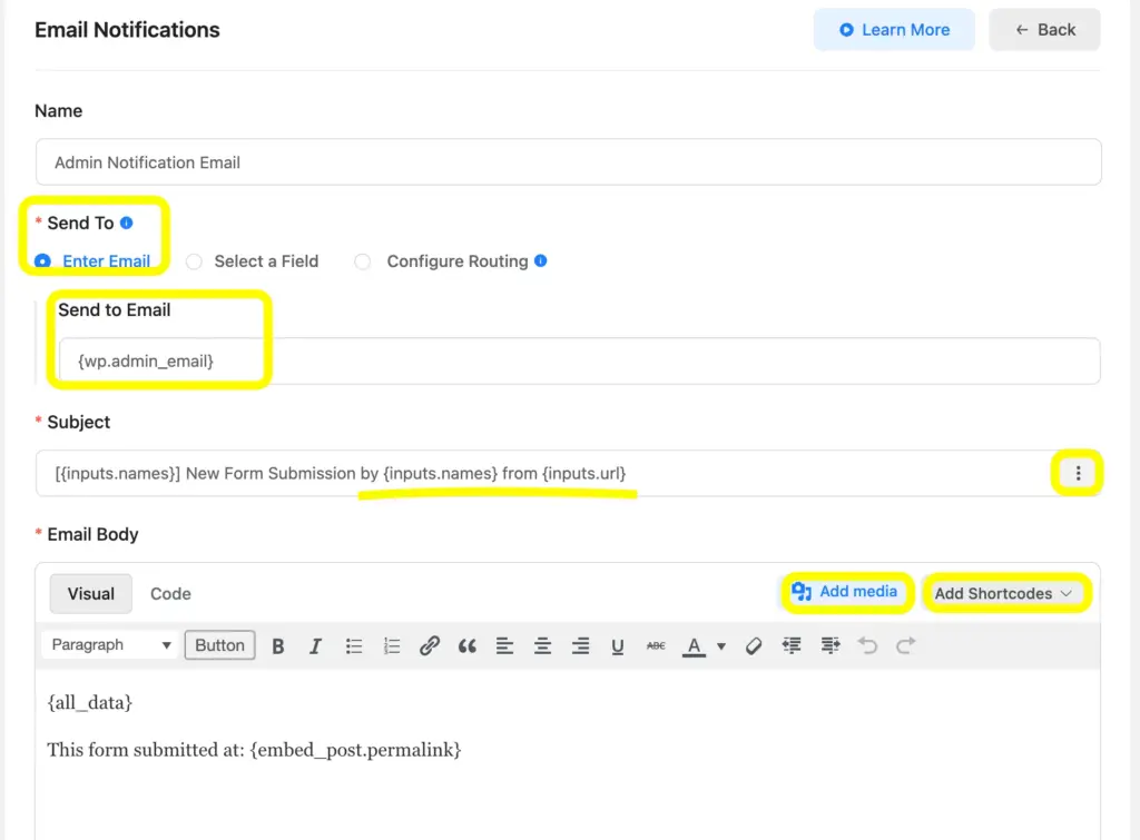 In Fluent Forms confirmation email settings, you can provide the admin's email and edit the subject and email body.
