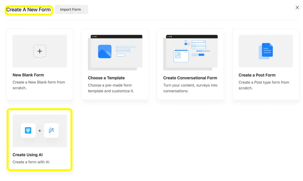 Create a new form using the AI from builder of Fluent Forms, create forms by putting in prompts.