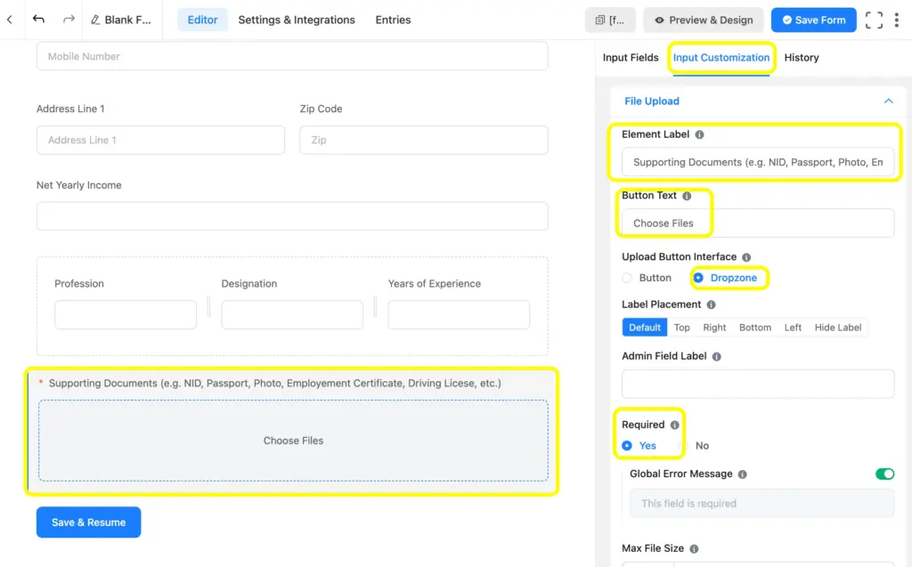 In Fluent Forms editor field, you can easily customize a field by clicking on the field, and change the Element Label, Placeholder, etc.